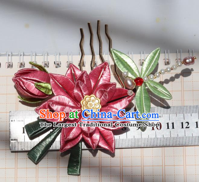 China Ancient Song Dynasty Pearls Dragonfly Hairpin Traditional Hanfu Pink Silk Lotus Hair Comb