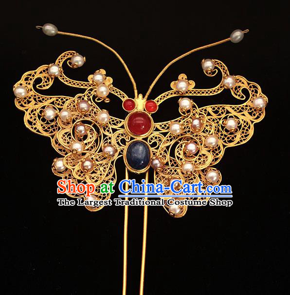 China Ancient Empress Golden Butterfly Hair Stick Traditional Hair Accessories Ming Dynasty Pearls Hairpin