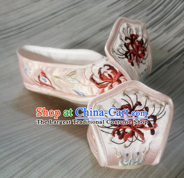 Handmade Chinese Pink Satin Shoes Bow Shoes Embroidered Shoes Traditional Han Dynasty Princess Shoes