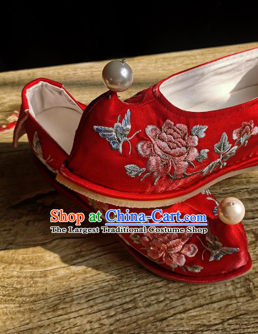 Handmade Chinese Wedding Shoes Traditional Red Cloth Shoes Bow Shoes Embroidered Peony Shoes