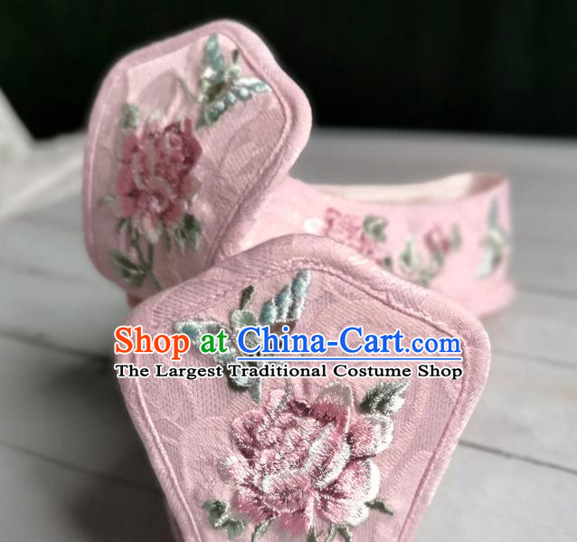 Handmade Chinese Hanfu Shoes Embroidered Peony Pink Shoes Traditional Han Dynasty Princess Shoes