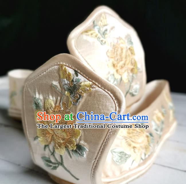 Handmade Chinese Traditional Hanfu Shoes Embroidered Peony Shoes Han Dynasty Princess Champagne Satin Shoes