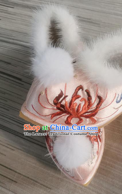 Handmade Chinese Princess Shoes Traditional Pink Satin Shoes Bow Shoes Embroidered Red Spider Lily Shoes