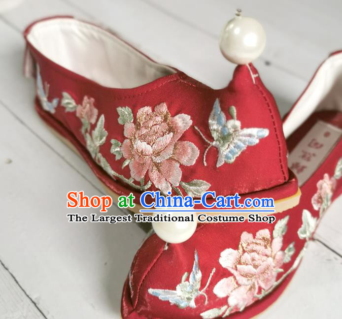 Handmade Chinese Wedding Red Satin Shoes Embroidered Shoes Ancient Princess Shoes Traditional Hanfu Bow Shoes