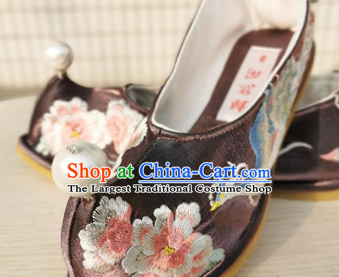 Handmade Chinese Embroidered Phoenix Peony Shoes Brown Satin Bow Shoes Traditional Wedding Hanfu Shoes