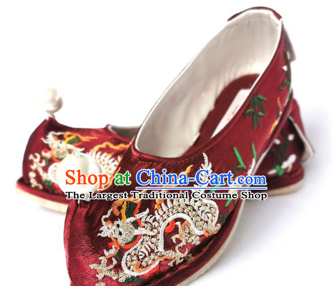 Handmade Chinese Traditional Hanfu Shoes Embroidered Dragon Shoes Wine Red Satin Bow Shoes