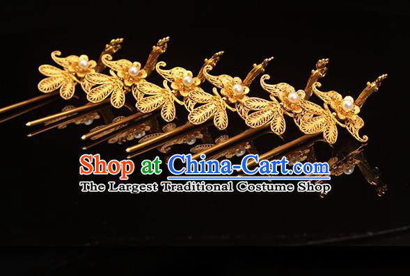 China Ming Dynasty Golden Phoenix Hairpin Traditional Hair Accessories Ancient Empress Pearl Hair Stick