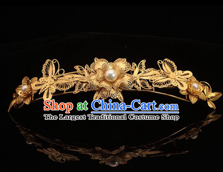 China Qing Dynasty Princess Golden Hairpin Traditional Hair Accessories Ancient Palace Lady Pearls Hair Crown