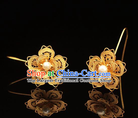 Chinese Ancient Princess Pearl Ear Accessories Traditional Ming Dynasty Golden Plum Blossom Earrings