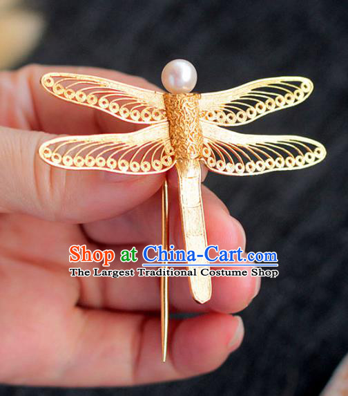 China Ancient Empress Filigree Hair Stick Traditional Hair Accessories Ming Dynasty Golden Dragonfly Hairpin