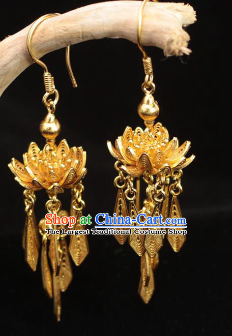 Chinese Ancient Princess Golden Lotus Ear Accessories Traditional Ming Dynasty Court Earrings