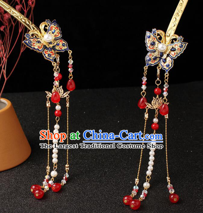 Traditional China Ancient Princess Tassel Hairpin Ming Dynasty Blueing Butterfly Hair Stick