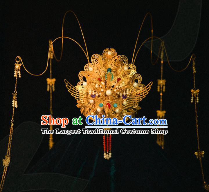 China Ancient Traditional Wedding Hair Accessories Empress Golden Hair Crown Ming Dynasty Phoenix Coronet