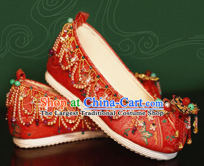 Handmade Chinese Traditional Hanfu Wedding Shoes Red Embroidered Shoes Ancient Princess Satin Shoes