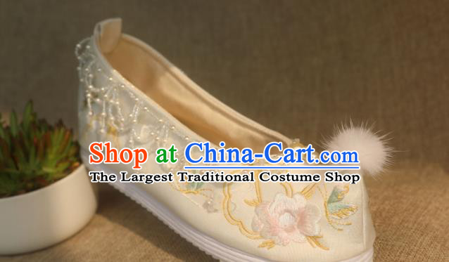 Chinese Beige Satin Shoes Traditional Embroidered Peony Shoes Handmade Beads Tassel Shoes