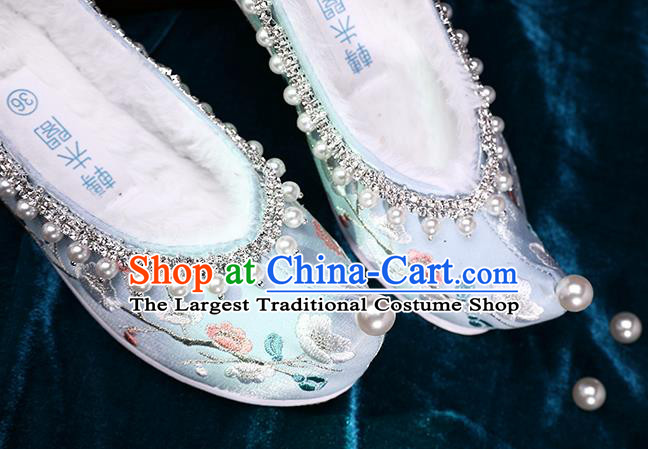 Chinese Ancient Princess Green Satin Shoes Traditional Embroidered Plum Blossom Shoes Handmade Pearls Shoes