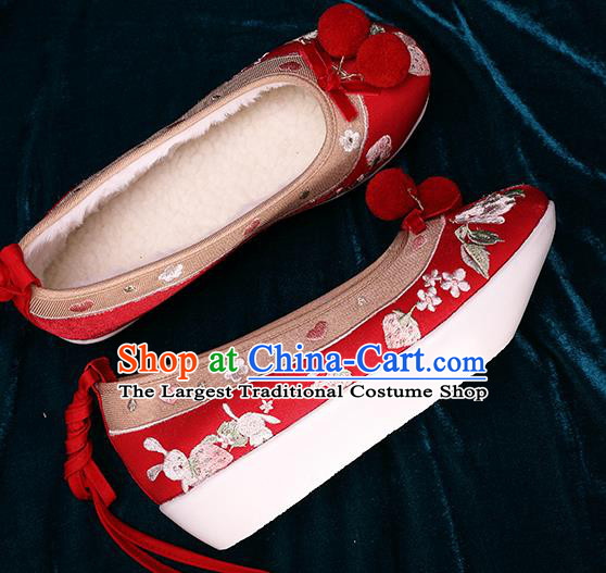 Chinese Traditional Hanfu Winter Shoes Handmade Embroidered Red Brocade Shoes Ancient Tang Dynasty Wedding Shoes