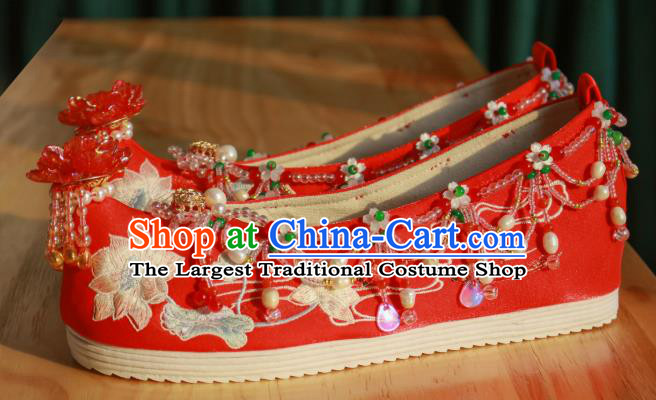 Handmade Chinese Traditional Wedding Shoes Embroidered Lotus Shoes Ancient Princess Shoes Hanfu Red Shoes