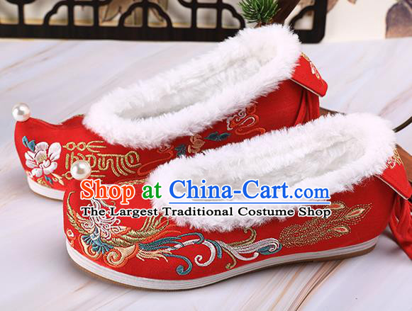 Chinese Traditional Hanfu Shoes Ancient Princess Shoes Handmade Embroidered Phoenix Red Shoes