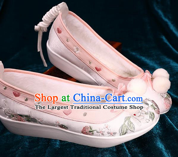 Chinese Handmade Embroidered Pink Brocade Shoes Ancient Tang Dynasty Shoes Traditional Hanfu Winter Shoes