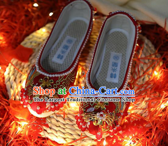 Chinese Embroidered Red Shoes Traditional Hanfu Pearls Shoes Ancient Bride Wedding Shoes