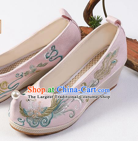 Chinese Traditional Wedge Heel Shoes Handmade Embroidered Phoenix Shoes Hanfu Pink Cloth Shoes