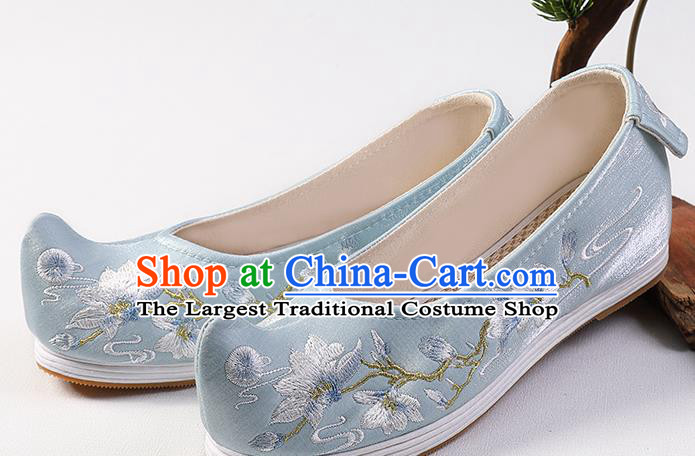 Chinese Traditional Ming Dynasty Hanfu Shoes Blue Satin Bow Shoes Embroidered Mangnolia Shoes