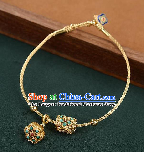 Chinese Classical Kallaite Lotus Seedpod Bracelet Handmade Golden Bangle Jewelry Accessories