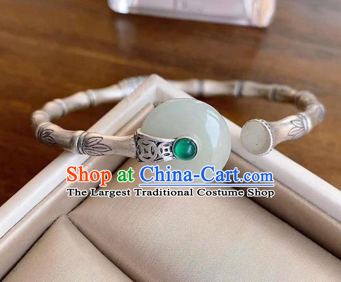 Chinese Classical Silver Bamboo Bracelet Handmade Jade Ring Bangle Jewelry Accessories