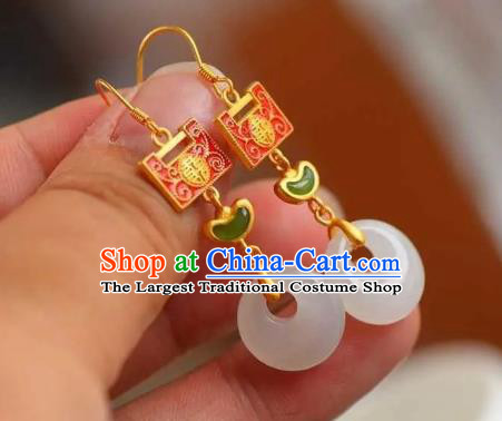 China Traditional Cheongsam Enamel Red Lock Ear Accessories National Wedding Jade Earrings