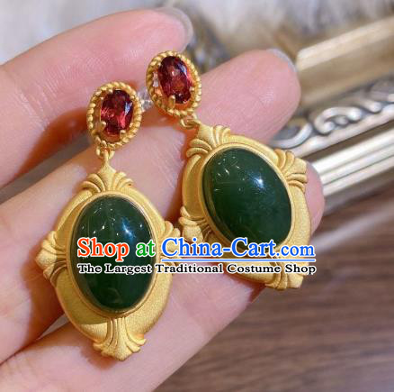 China Traditional Cheongsam Green Jade Ear Accessories National Garnet Earrings