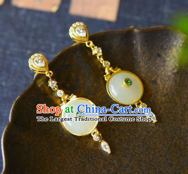 China Traditional Cheongsam Crystal Ear Jewelry Accessories National Jade Peace Buckle Earrings