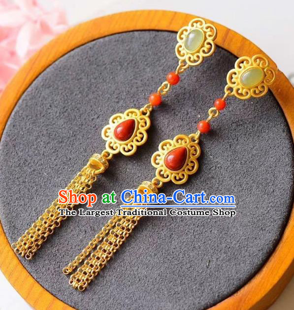 China Traditional Court Golden Tassel Ear Jewelry Accessories National Cheongsam Agate Earrings