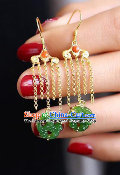 China Traditional Green Jade Ear Jewelry Accessories National Cheongsam Golden Tassel Earrings