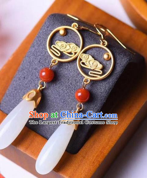 China Traditional White Jade Ear Jewelry Accessories National Cheongsam Golden Cloud Earrings