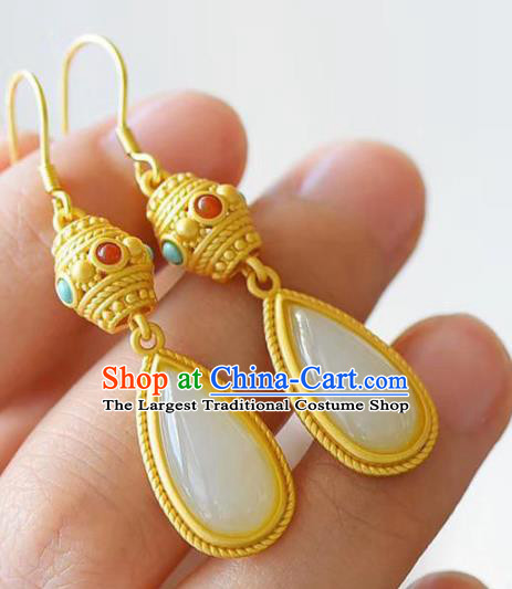 China Traditional Jade Coral Ear Jewelry Accessories National Cheongsam Golden Earrings