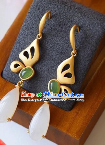 China Traditional White Chalcedony Ear Jewelry Accessories National Cheongsam Golden Butterfly Earrings