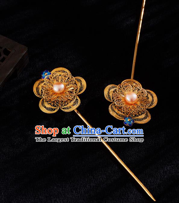 China Handmade Pearl Hair Stick Jewelry Accessories Traditional Ming Dynasty Golden Plum Blossom Hairpin