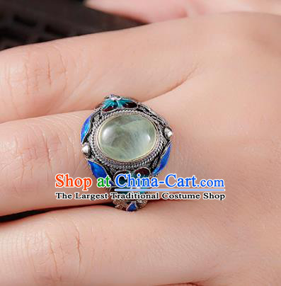 China Handmade Prehnite Ring Accessories Traditional Qing Dynasty Blueing Silver Circlet Jewelry