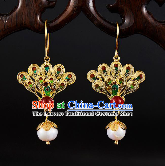 China Traditional Qing Dynasty Golden Peacock Ear Jewelry Accessories Ancient Empress Pearls Tassel Earrings