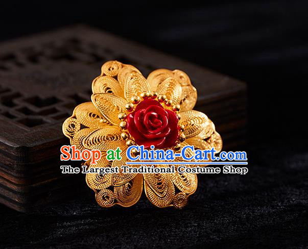 China Handmade Lacquerware Carving Rose Brooch Accessories Traditional Golden Necklace Pendant Jewelry