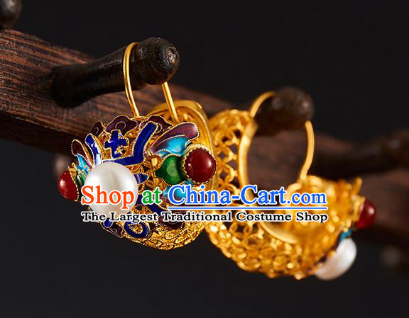 China Traditional Qing Dynasty Blueing Pearls Ear Jewelry Accessories Ancient Empress Golden Earrings