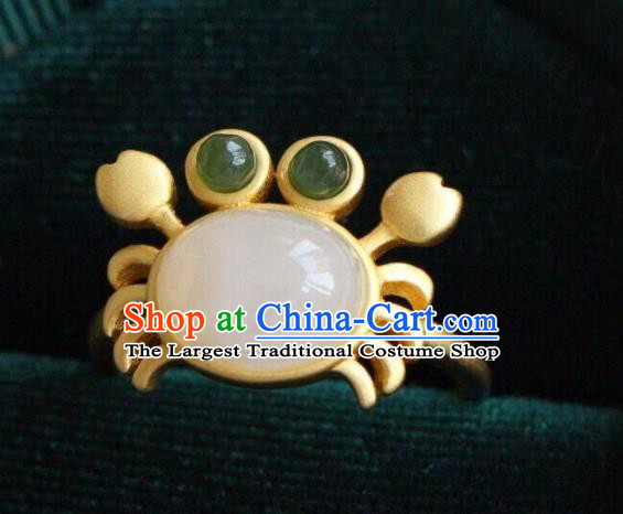 Chinese Classical National White Jade Circlet Handmade Jewelry Accessories Golden Crab Ring