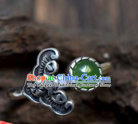 Chinese Classical National Silver Bat Circlet Handmade Jewelry Accessories Chrysoprase Ring