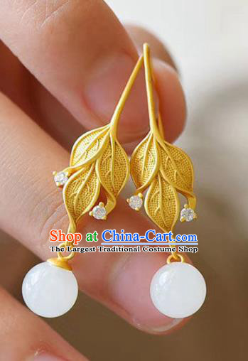 China Traditional Golden Leaf Ear Jewelry Accessories National Cheongsam Jade Bead Earrings