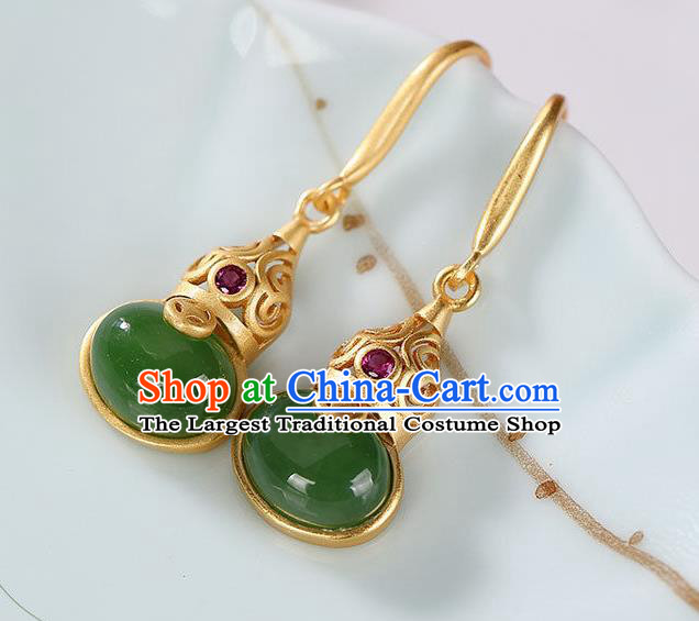 China Traditional Green Jade Ear Jewelry Accessories National Cheongsam Golden Gourd Earrings