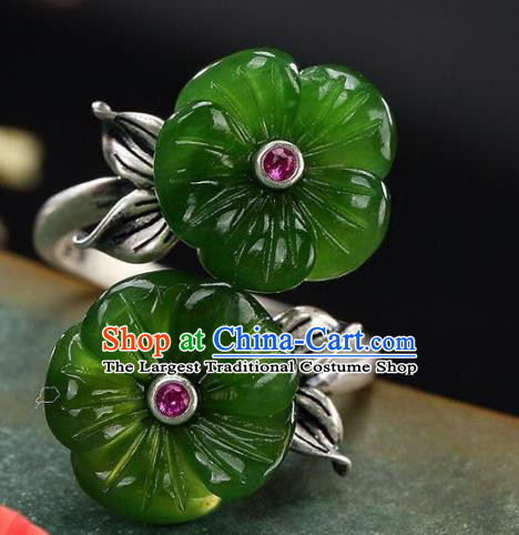 Chinese National Silver Carving Ring Handmade Jewelry Accessories Classical Green Jade Plum Circlet