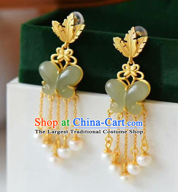 China Traditional Pearls Tassel Ear Jewelry Accessories National Cheongsam Jade Butterfly Earrings