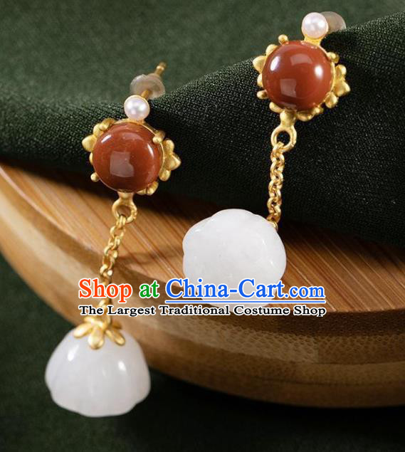 China Traditional Qing Dynasty Ear Jewelry Accessories National Cheongsam Jade Lotus Seedpod Earrings