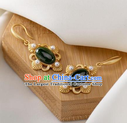 China Traditional Jade Ear Jewelry Accessories National Cheongsam Pearls Golden Earrings